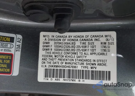 2013 Honda Cr-V Ex z USA, uszkodzony, nr VIN 2HKRM4H59DH676961